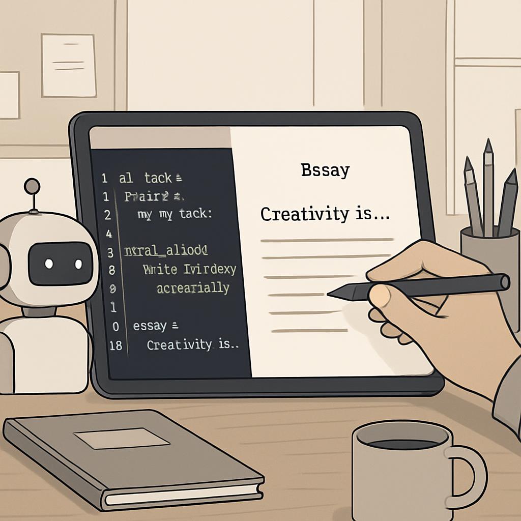 Uma imagem de uma mesa com uma máquina de escrever onde alguém escreveu uma frase. A frase "Creativity is..." está truncad...