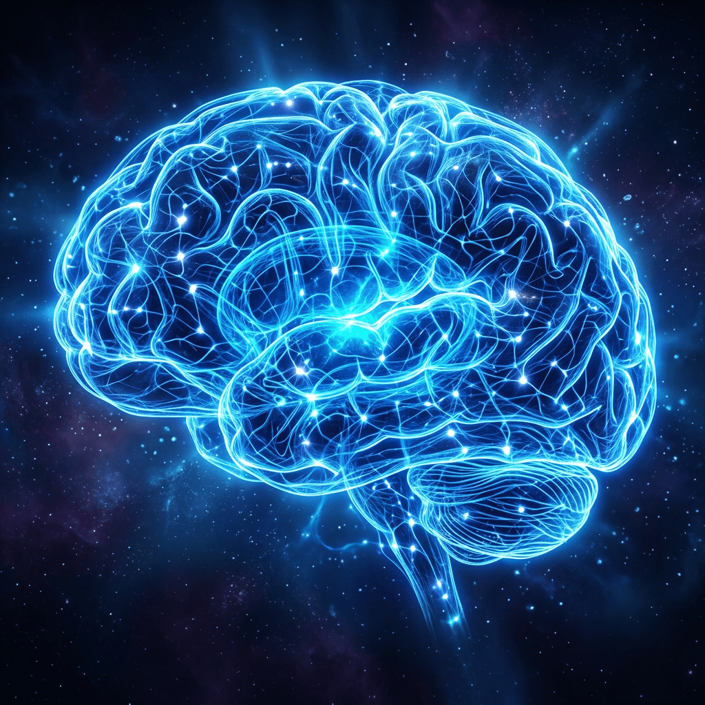 Glowing blue digital brain with neural connections and starry cosmic background