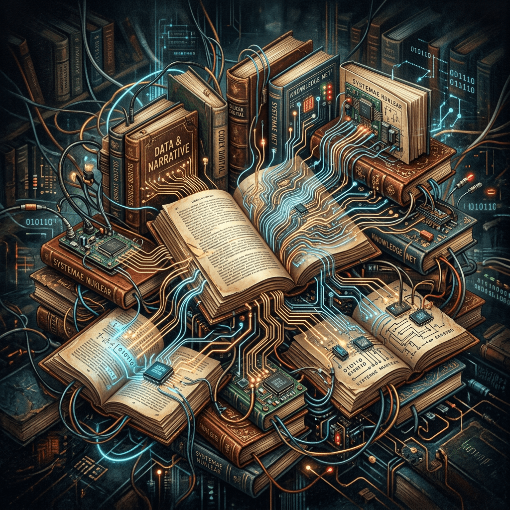 Open books connected with glowing circuit paths, microchips, and digital data streams.